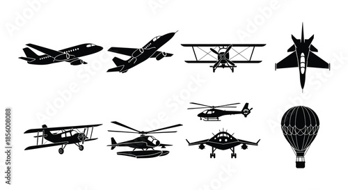 A collection of various aircraft silhouettes including planes helicopters and blimps