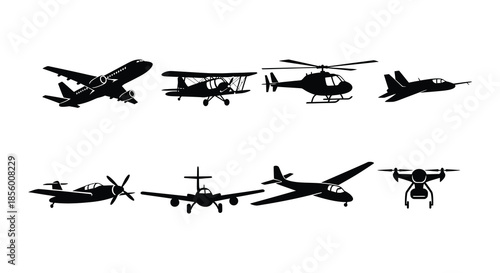 A collection of various aircraft silhouettes including planes helicopters and blimps