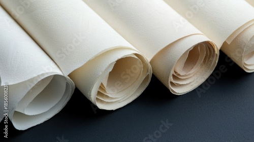 A collection of rolled-up canvases in varying shades of white and beige.