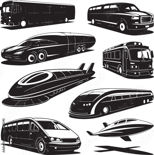 Collection of futuristic and classic vehicles in various styles isolated