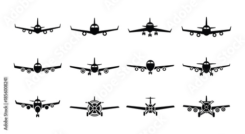 Collection of minimalist black silhouette airplane icons arranged in a grid pattern