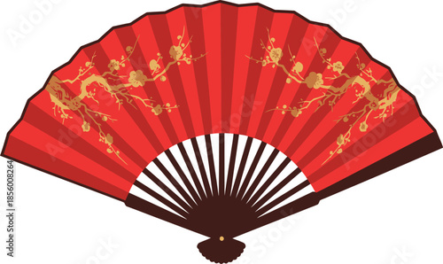 A traditional red Chinese fan with golden dragon designs on a white background, Chinese / Lunar New Year