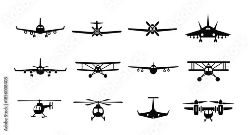 Collection of minimalist black silhouette airplane icons arranged in a grid pattern