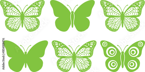 Green butterfly silhouettes set, decorative insect illustrations with patterned wings, elegant nature inspired vector design collection for branding, crafts, printing