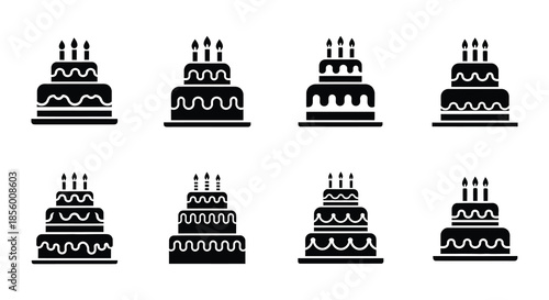 Collection of various tiered cake silhouettes in a simple black and white style