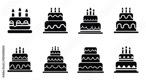 Collection of various tiered cake silhouettes in a simple black and white style