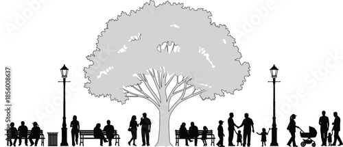Park silhouette illustration, family and community scene, tree centerpiece, leisure activity, faceless figures, emotional interaction, public space, peaceful design