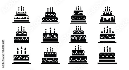 Collection of various tiered cake silhouettes in a simple black and white style