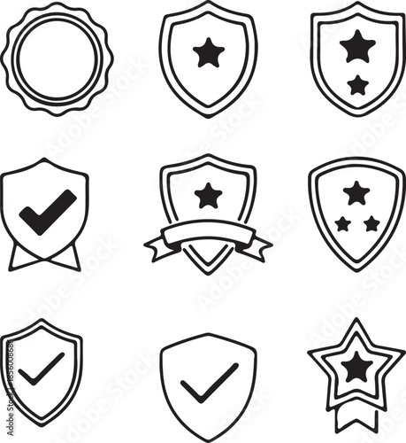 Collection of premium quality, winner, and rating badges with stars and ribbons