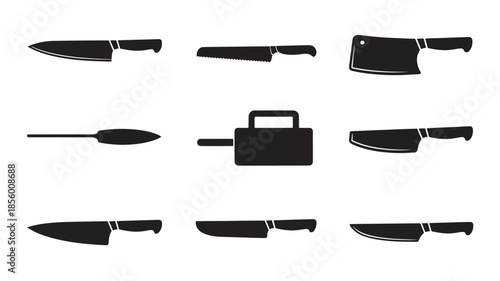 Collection of kitchen knives and utensils displayed against a white background