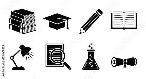 Education symbols books graduation cap study lamp and science equipment