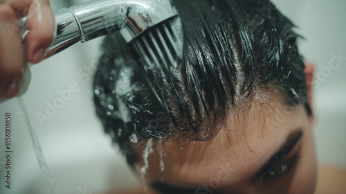 Close high angle shot of person rinsing long sleek dark hair, shower hygiene