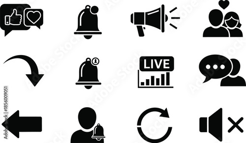 Large collection of social media notification icons including red hearts for likes and speech bubbles for comments