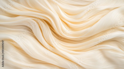 A close-up image of a soft, flowing fabric with a light beige color and intricate, overlapping patterns.
