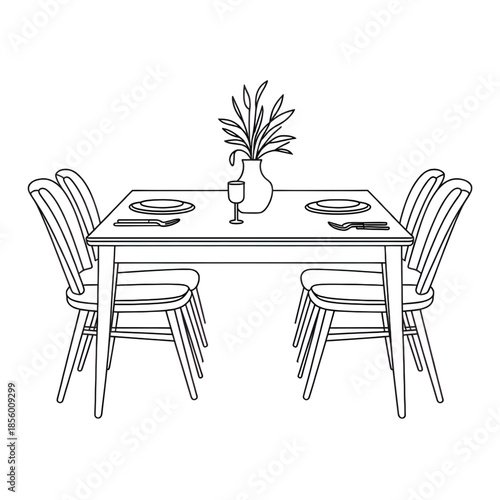 Cozy Dining Room Table Setting Line Art Illustration