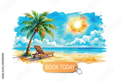 Tropical beach vacation watercolor vector illustration with booking button, call to action, isolated on white.