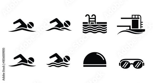 Black and white icons depicting various aquatic sports and related equipment