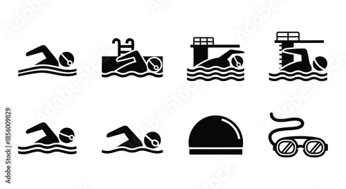 Black and white icons depicting various aquatic sports and related equipment