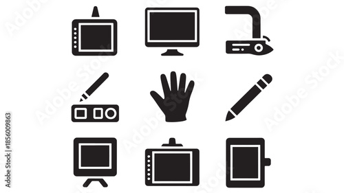 Various electronic devices and tools are displayed in a grid pattern on a white background.