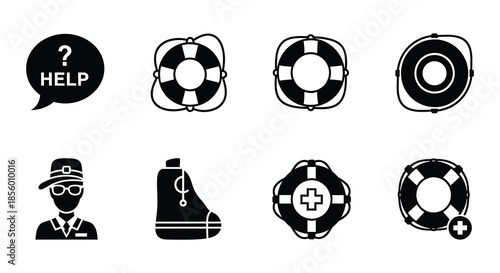 Black and white icons depicting distress signals life preservers and medical assistance