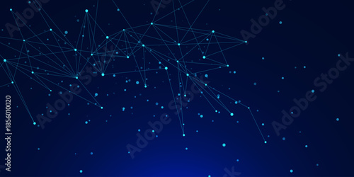 Abstract connected glowing nodes and lines on dark blue background. Futuristic network connection and big data visualization. Suitable for technology innovation and science. Vector