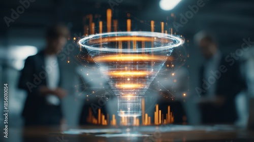A vibrant, futuristic funnel graphic floats above a blurred conference table with business people in the background, a digital concept