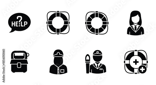 Black and white icons depicting distress signals life preservers and medical assistance