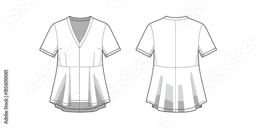 Peplum top sketch, layered hem, V-neckline, pleated panels, fashion flat, garment design, clothing template, apparel illustration, vector outline, feminine style
