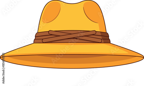 Flat vector illustration of a classic yellow fedora hat with a brown ribbon wrap isolated on white background for fashion summer and sun protection