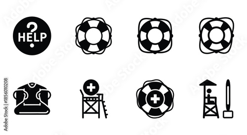 Black and white icons depicting distress signals life preservers and medical assistance