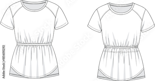 Peplum top sketch, cinched waist, raglan sleeves, curved hem, fashion flat, garment design, clothing template, apparel illustration, vector outline, feminine style