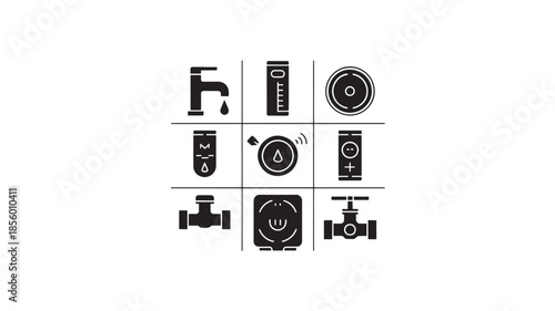 A grid of black and white plumbing fixture illustrations on a white background