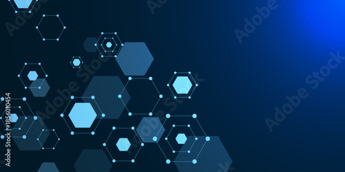Modern science background with hexagons and dots. Molecule structure for biotech, nano and medical innovation. Vector