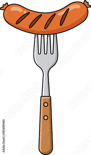Flat vector illustration of a grilled brown sausage poked with a silver metal fork isolated on white background for barbecue picnic and breakfast menu