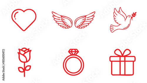 Illustration of collection of valentines day icons including heart, wings, dove, rose, ring, and gift