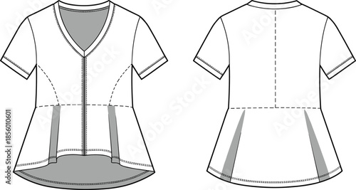 Peplum top sketch, princess seams, contrast panels, asymmetrical hem, fashion flat, garment design, clothing template, apparel illustration, vector outline, feminine style