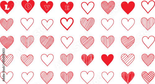 Beautiful pattern of red heart illustrations from solid to sketched for a romantic theme
