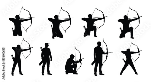Silhouettes of archers in various poses demonstrating archery techniques and stances