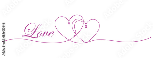 Elegant magenta line art design with the word love and two gently connected hearts together