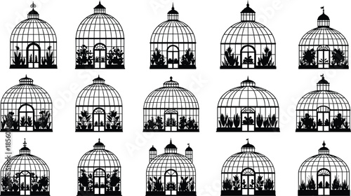 Collection of black greenhouse silhouettes with garden plants, glass conservatory dome icons isolated on white background for architecture landscape design.