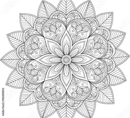 Intricate floral mandala coloring page with detailed petals and pointed leaves for adult relaxation and creative art therapy.