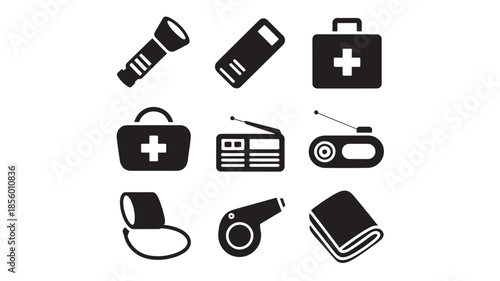 Collection of emergency icons including first aid kits and communication devices displayed on a white background