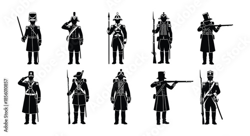 Silhouette depictions of napoleonic soldiers in various military poses and uniforms