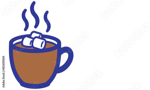 A blue cup of hot chocolate with three white marshmallows on top and steam rising from it, symbolizing comfort.