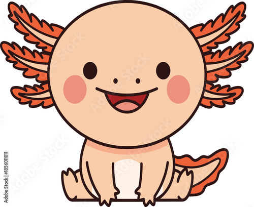Flat vector illustration of a cute smiling pink axolotl sitting isolated on white background for exotic pet wildlife nature aquarium and adorable animal mascot design