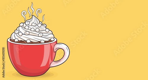 A cup of red hot chocolate with abundant whipped cream , marshmallows, and warm steam on a bright yellow background.