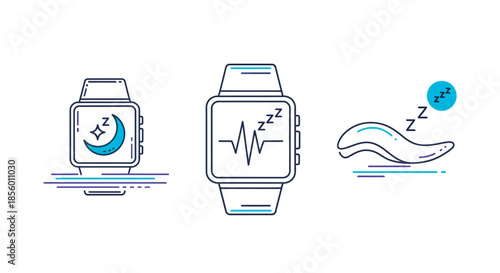 A set of smartwatch icons showing sleep mode (moon and 'Z' icon), heart rate graph during sleep, and pillow, symbolizing analysis of rest quality