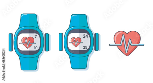 Two turquoise smartwatches displaying heart rate graphs, as well as a separate heart rate icon, symbolizing digital health monitoring
