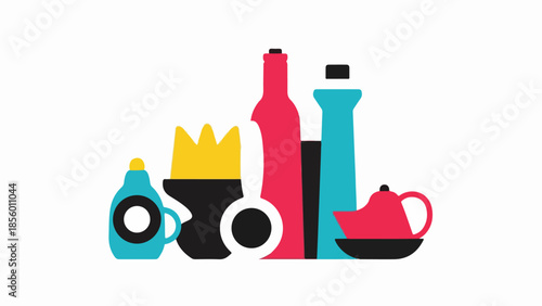 Colorful Minimalist Kitchen and Cooking Supplies Vector Icon Set Isolated