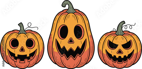 "Classic illustration of three spooky glowing carved jack-o-lantern pumpkins with scary faces for Halloween decoration."